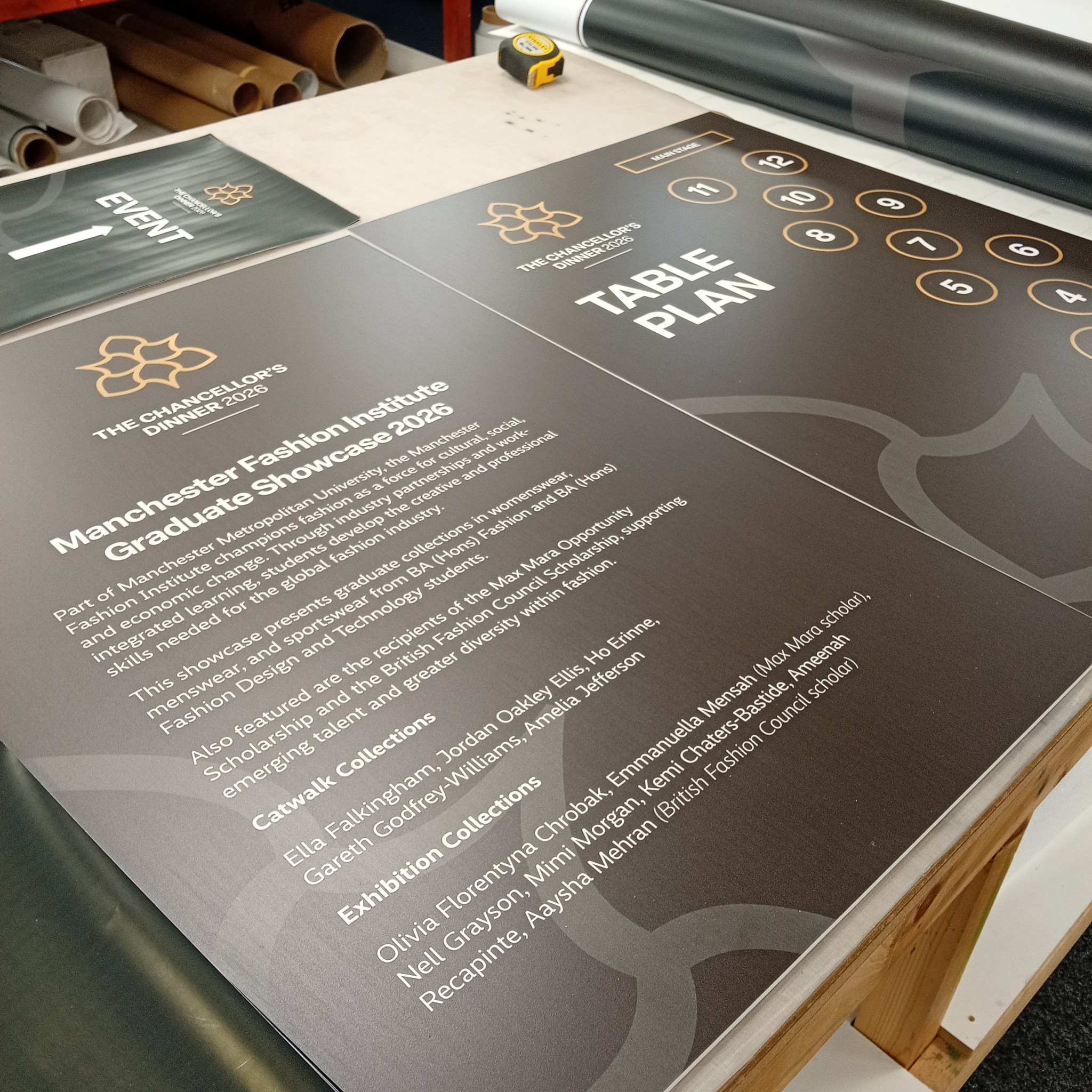 The Chancellor's Dinner 2026 event graphics and table plan printed by Backdrop Media